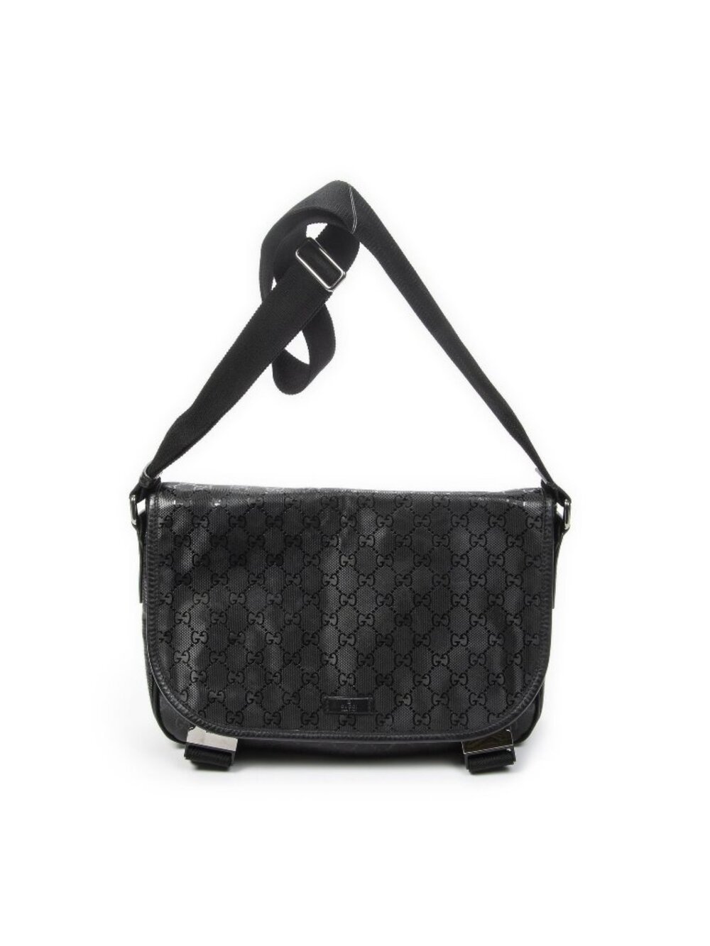 Gucci Double Buckle Flap Messenger Bag Black Guccissima Imprint Canvas